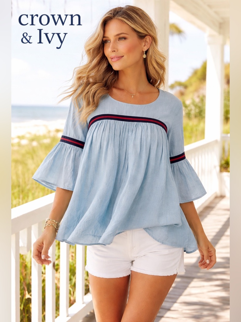 Crown & Ivy,Chambray Tencel Swing Top Preppy Boho Lightweight  Blouse Size XL - Picture 2 of 8